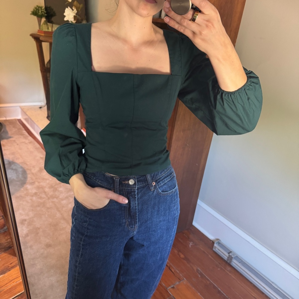 Abercrombie Emerald Green Puff Sleeve Square Neck Top